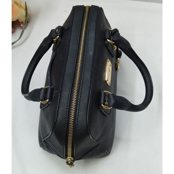 Michael Kors Black Leather Domed Double Handles Zipper Satchel Bag - Picture 7 of 14